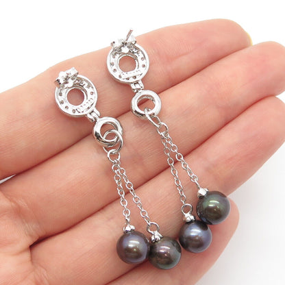 925 Sterling Silver Real Brown Pearl & C Z Dangling Earrings