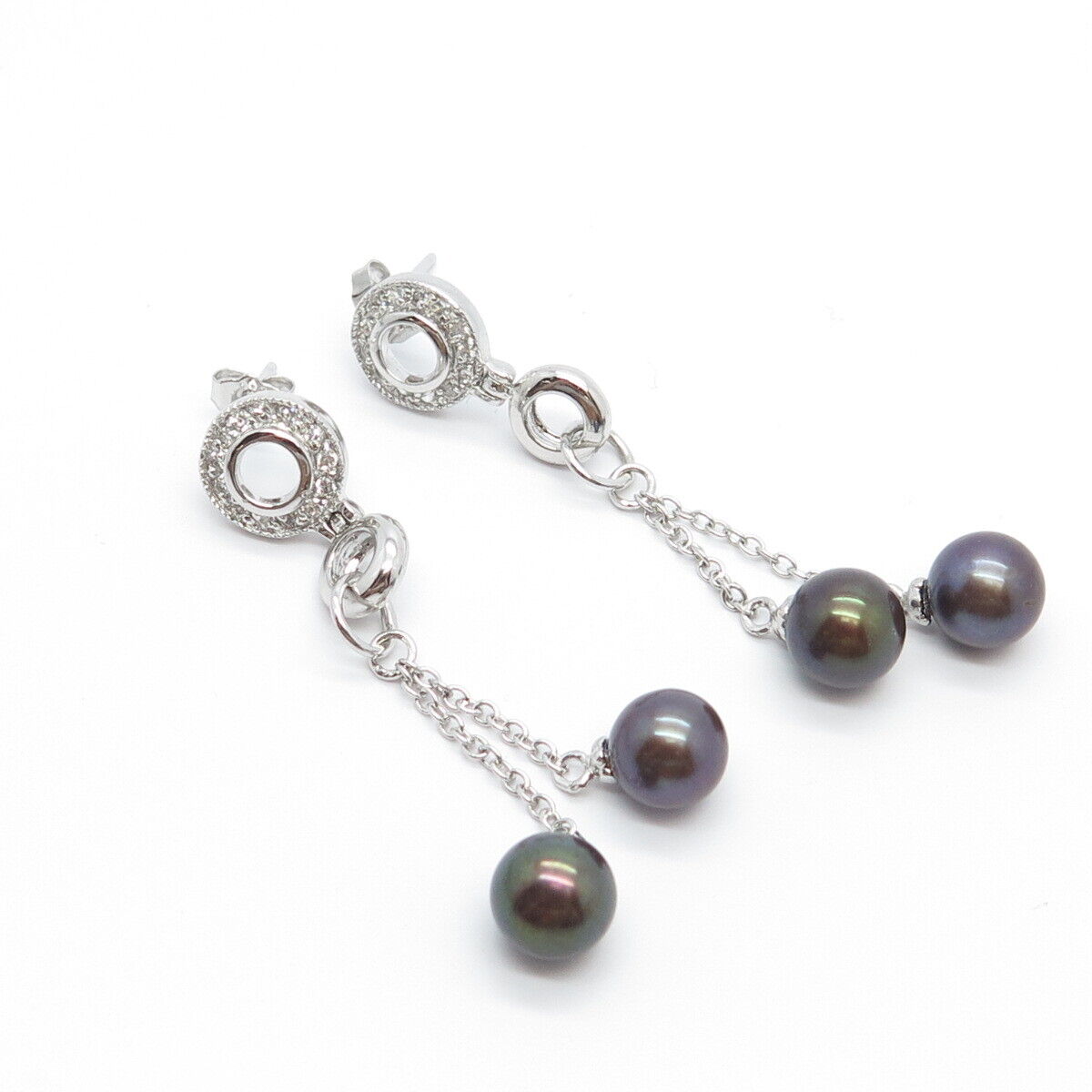 925 Sterling Silver Real Brown Pearl & C Z Dangling Earrings