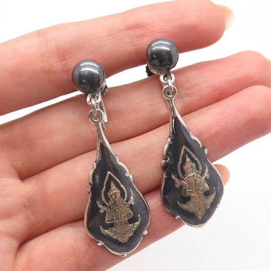 925 Sterling Silver Vintage Siam Niello Hindu Goddess Screw Back Earrings