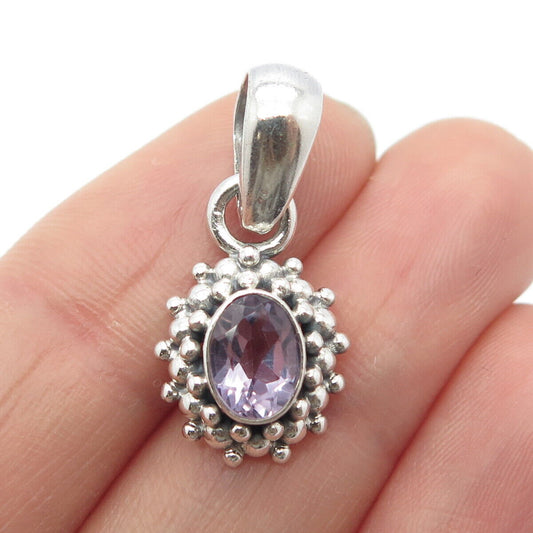 925 Sterling Silver Vintage Real Amethyst Gem Beaded Oval Pendant