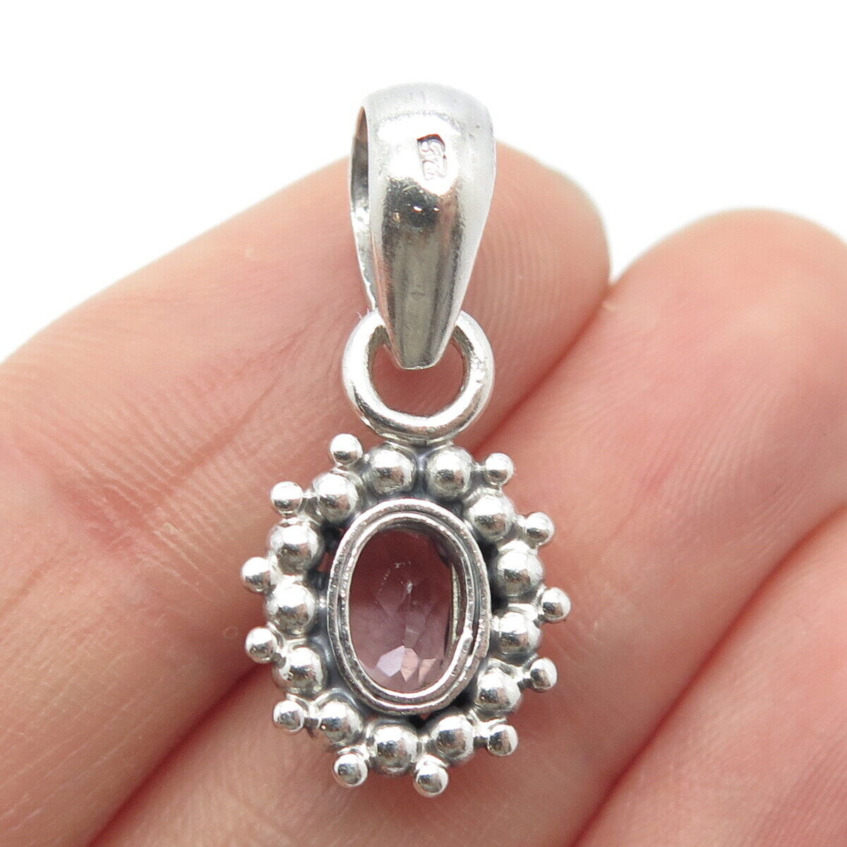 925 Sterling Silver Vintage Real Amethyst Gem Beaded Oval Pendant