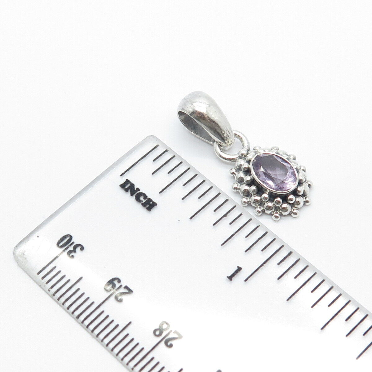 925 Sterling Silver Vintage Real Amethyst Gem Beaded Oval Pendant