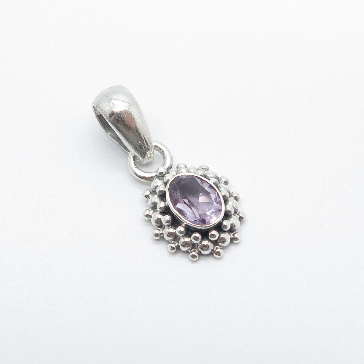 925 Sterling Silver Vintage Real Amethyst Gem Beaded Oval Pendant