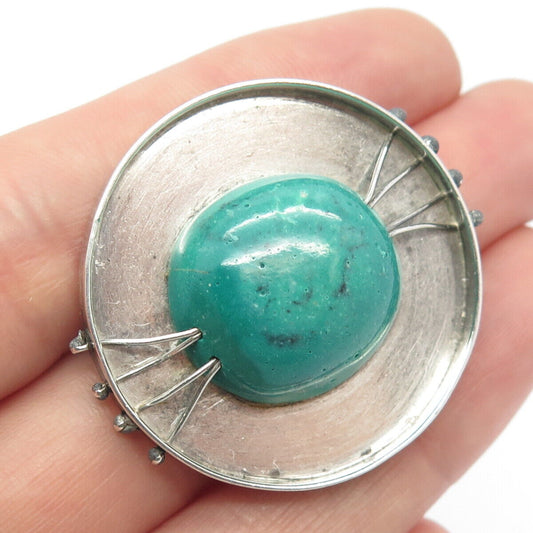 925 Sterling Silver Vintage Real Turquoise Gem Round Modernist  Pin Brooch