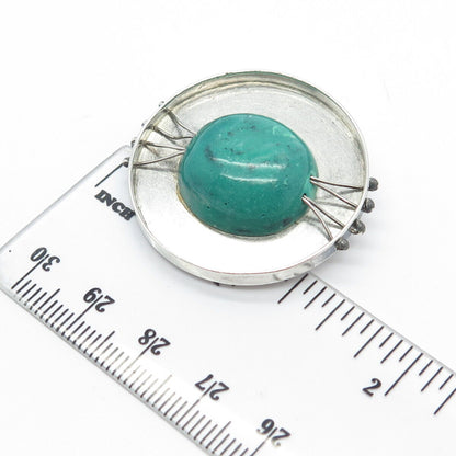 925 Sterling Silver Vintage Real Turquoise Gem Round Modernist  Pin Brooch