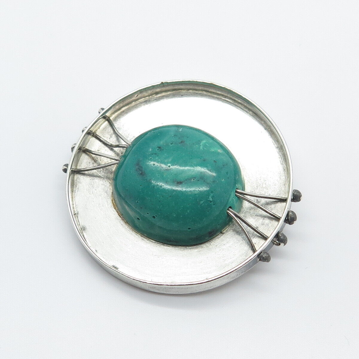 925 Sterling Silver Vintage Real Turquoise Gem Round Modernist  Pin Brooch