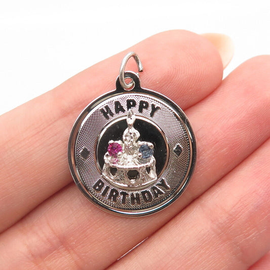 925 Sterling Silver Vintage Multi-Color C Z “Happy Birthday” Round Pendant