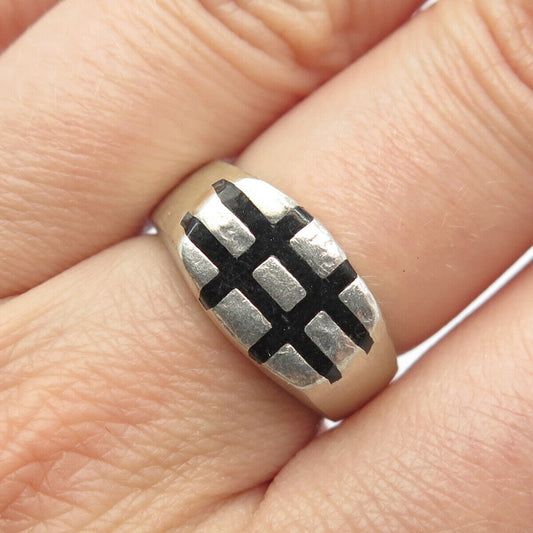 925 Sterling Silver Vintage Mexico Real Black Onyx Gemstone Grid Ring Size 6