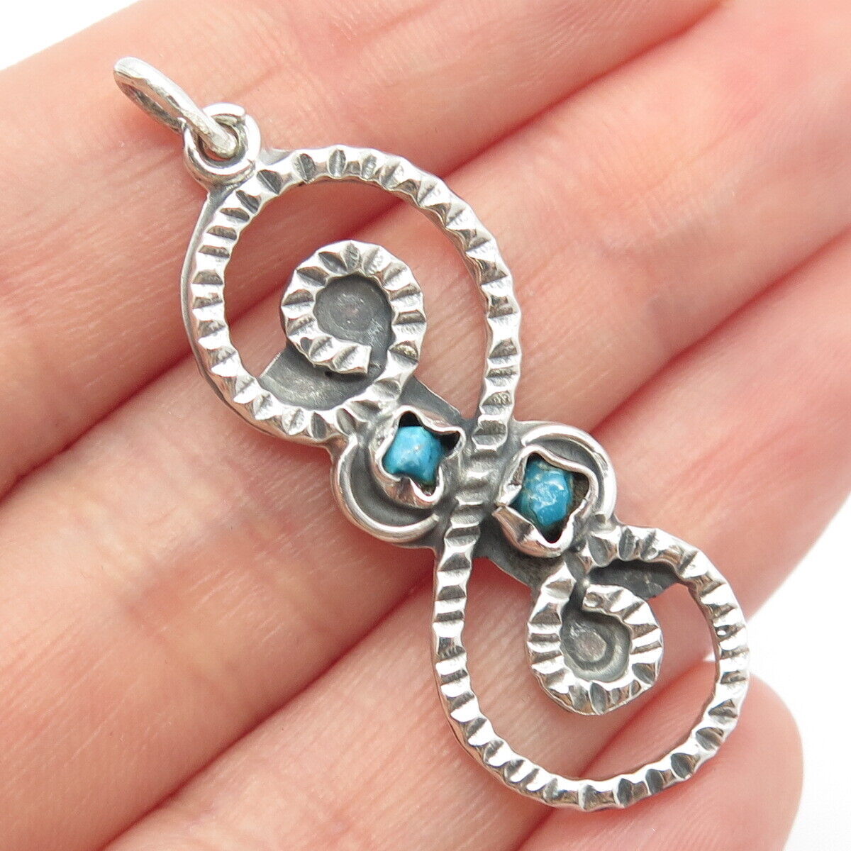 925 Sterling Silver Vintage Real Turquoise Gemstone Ethnic Pendant