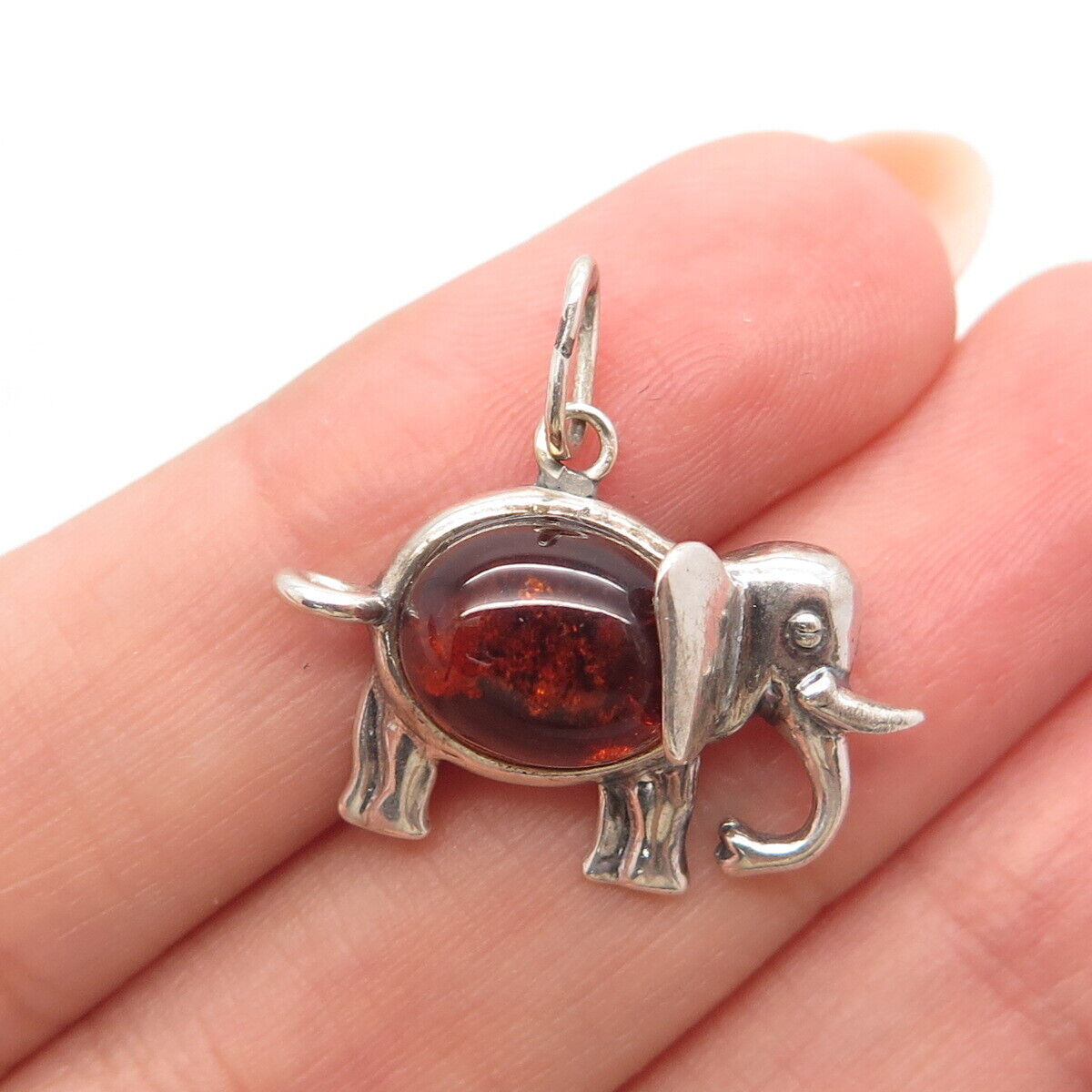 925 Sterling Silver Vintage Real Amber Elephant For Good Luck Charm Pendant