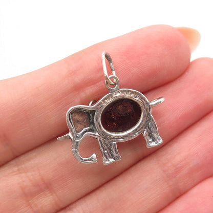 925 Sterling Silver Vintage Real Amber Elephant For Good Luck Charm Pendant