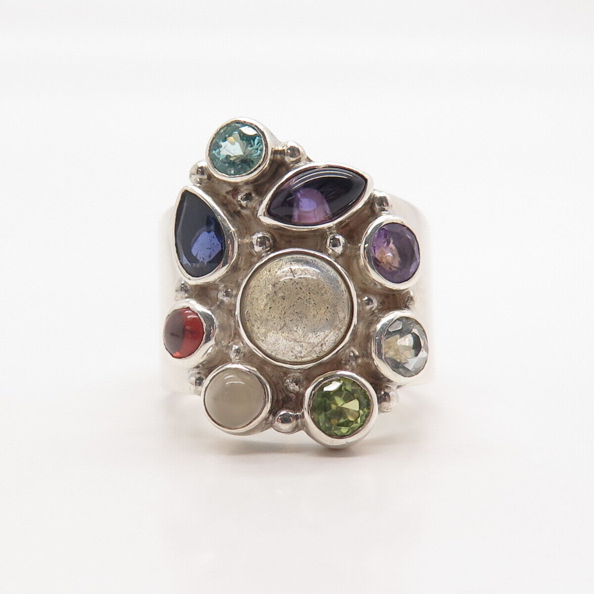 925 Sterling Silver Vintage Sajen Moonstone Tanzanite Amethyst Gem Ring Size 7