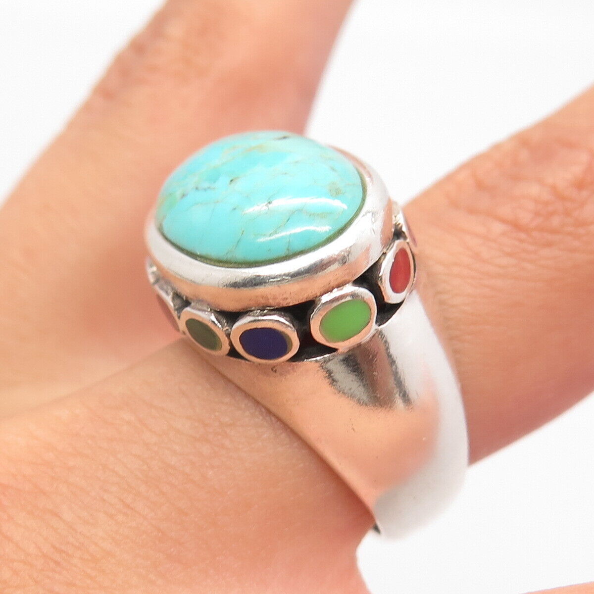 925 Sterling Silver Vintage Turquoise Malachite Lapis Lazuli Gem Ring Size 6.75