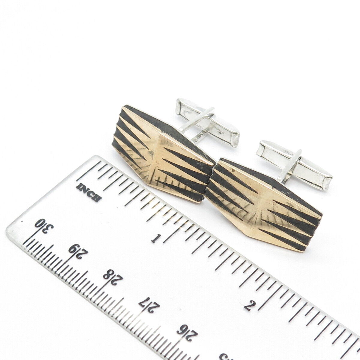 925 Sterling Silver 2-Tone Vintage Mexico Real Wood Modernist Cufflinks