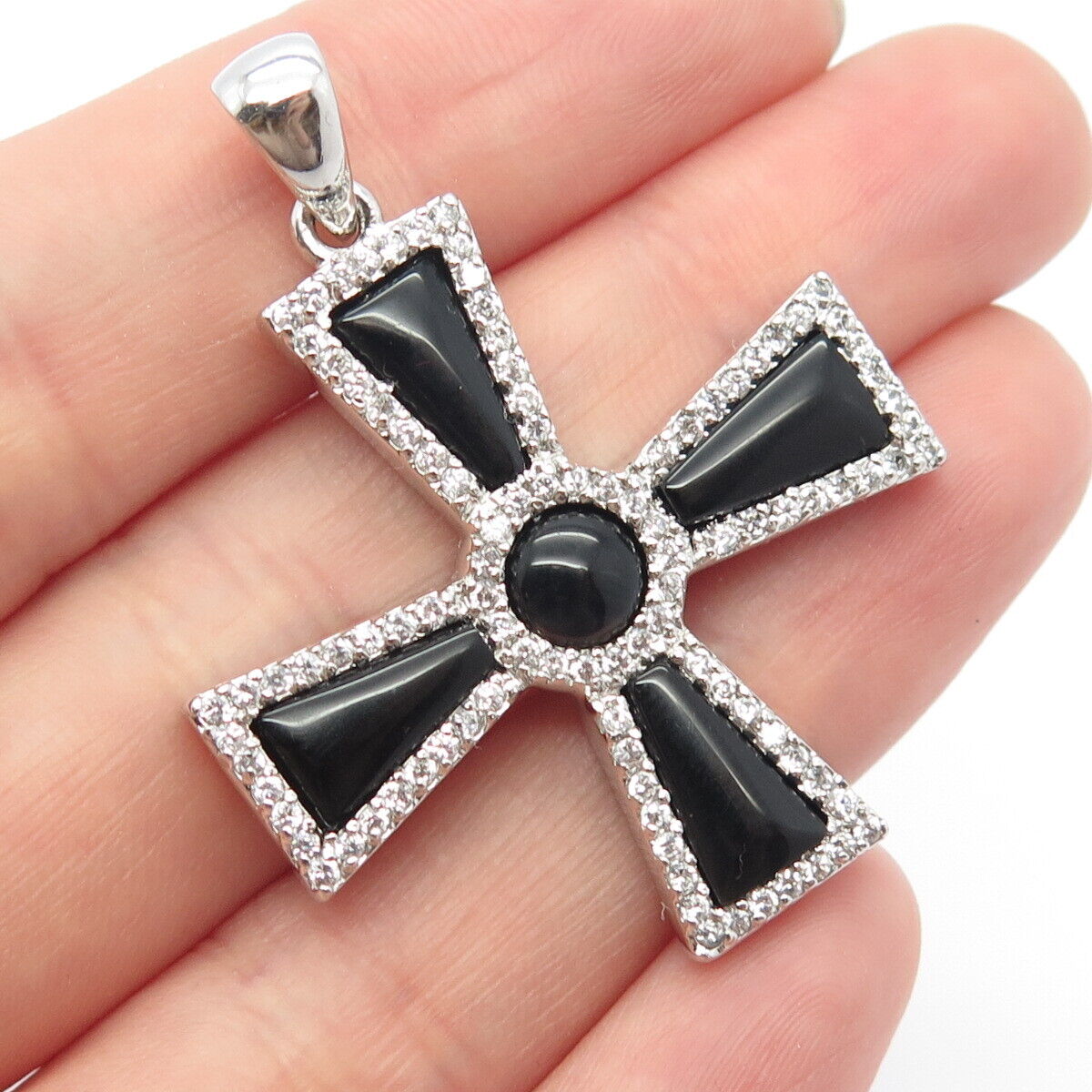 925 Sterling Silver Real Black Onyx Gem & C Z Cross Pendant