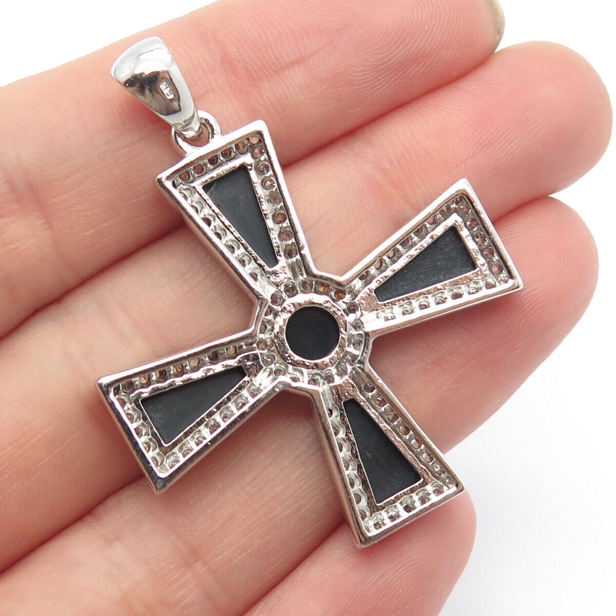 925 Sterling Silver Real Black Onyx Gem & C Z Cross Pendant