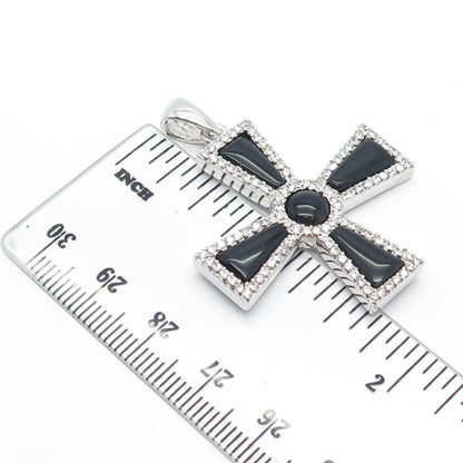 925 Sterling Silver Real Black Onyx Gem & C Z Cross Pendant