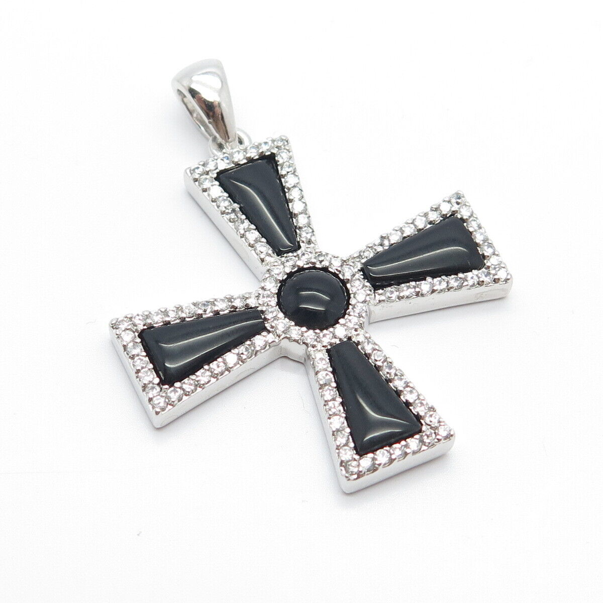 925 Sterling Silver Real Black Onyx Gem & C Z Cross Pendant