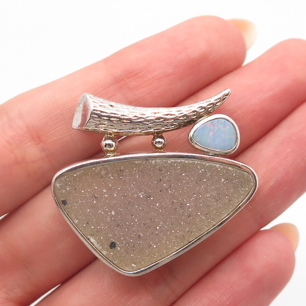 925 Sterling Silver Vintage Whitney Kelly Real Druzy Opal Gem Modernist Pendant