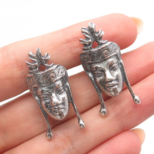 925 Sterling Silver Vintage Tribal Face Screw Back Earrings