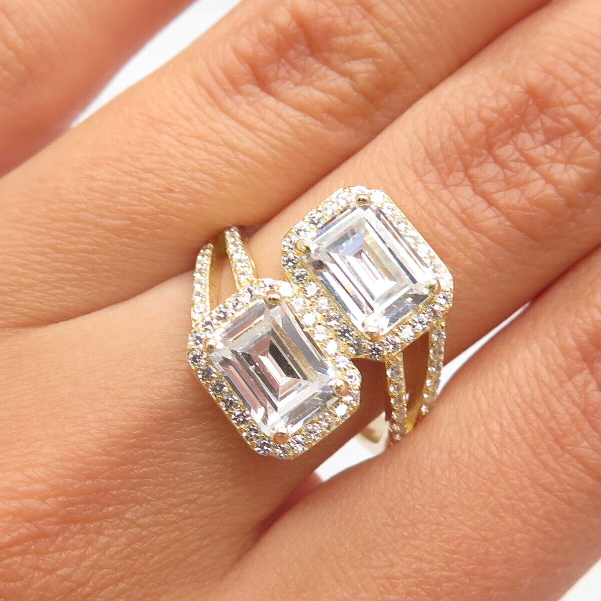 925 Sterling Silver Gold Plated C Z Bypass Ring Size 6.75