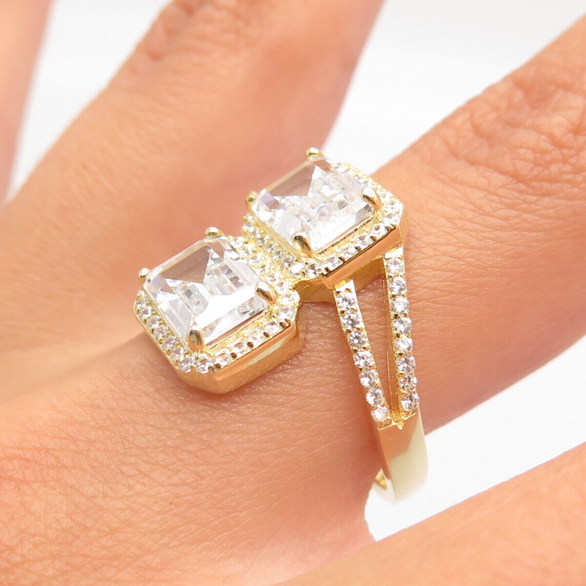 925 Sterling Silver Gold Plated C Z Bypass Ring Size 6.75