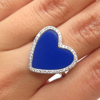 925 Sterling Silver C Z & Faux Lapis Lazuli Heart Ring Size 6.5