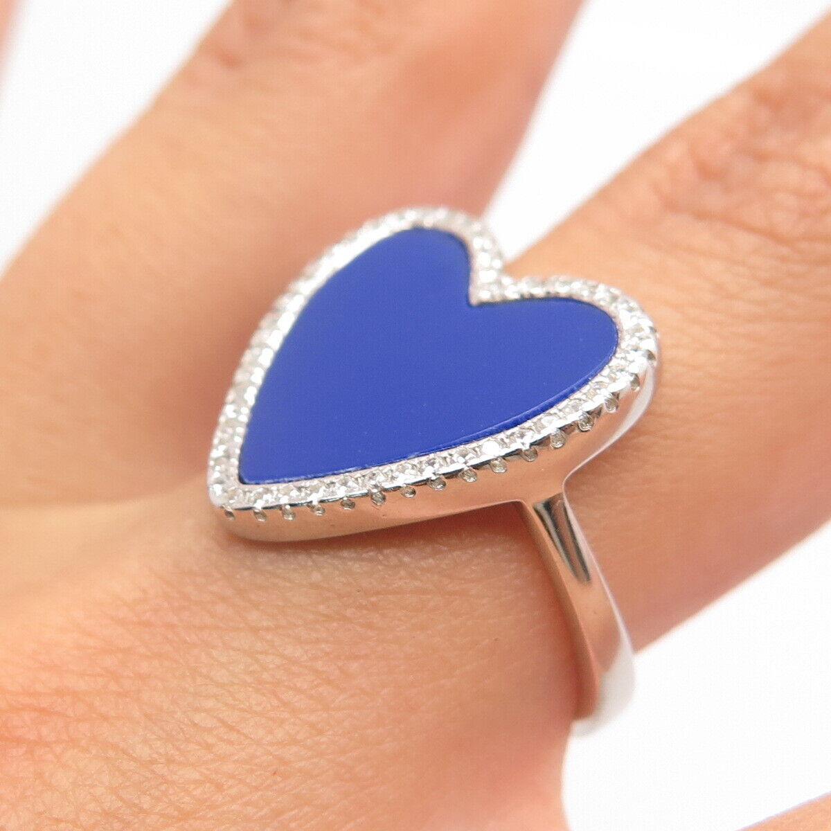 925 Sterling Silver C Z & Faux Lapis Lazuli Heart Ring Size 6.5