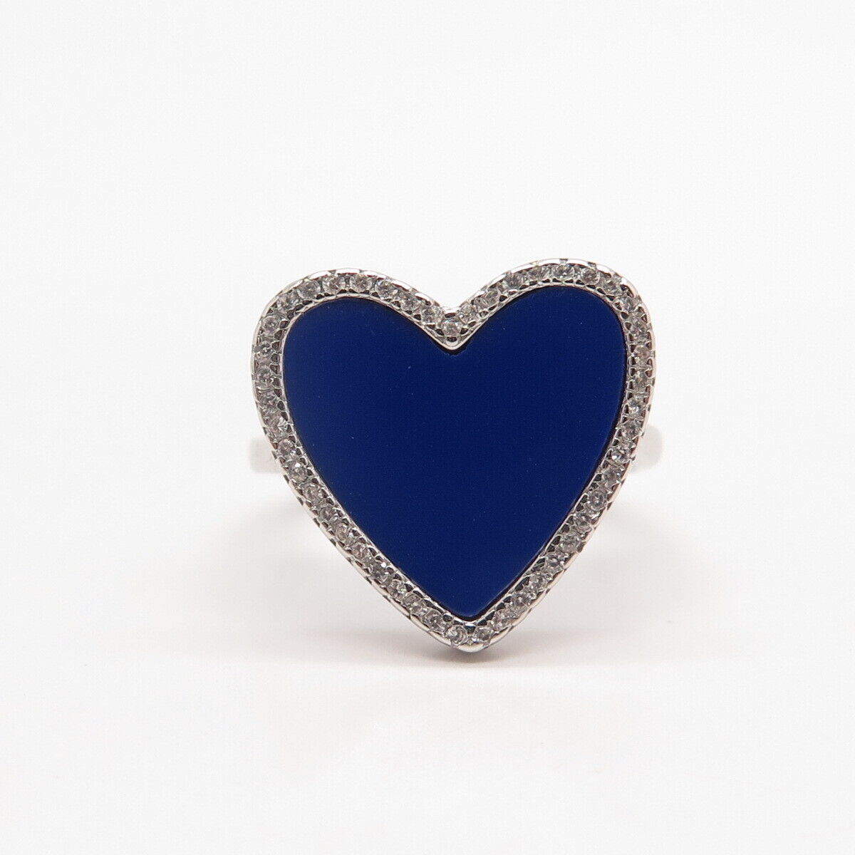 925 Sterling Silver C Z & Faux Lapis Lazuli Heart Ring Size 6.5