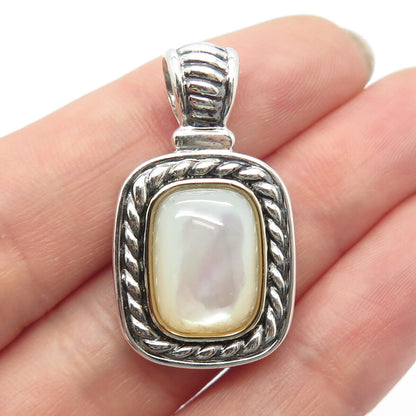 925 Sterling Silver / 14K Gold Vintage Real Mother-of-Pearl Rectangle Pendant