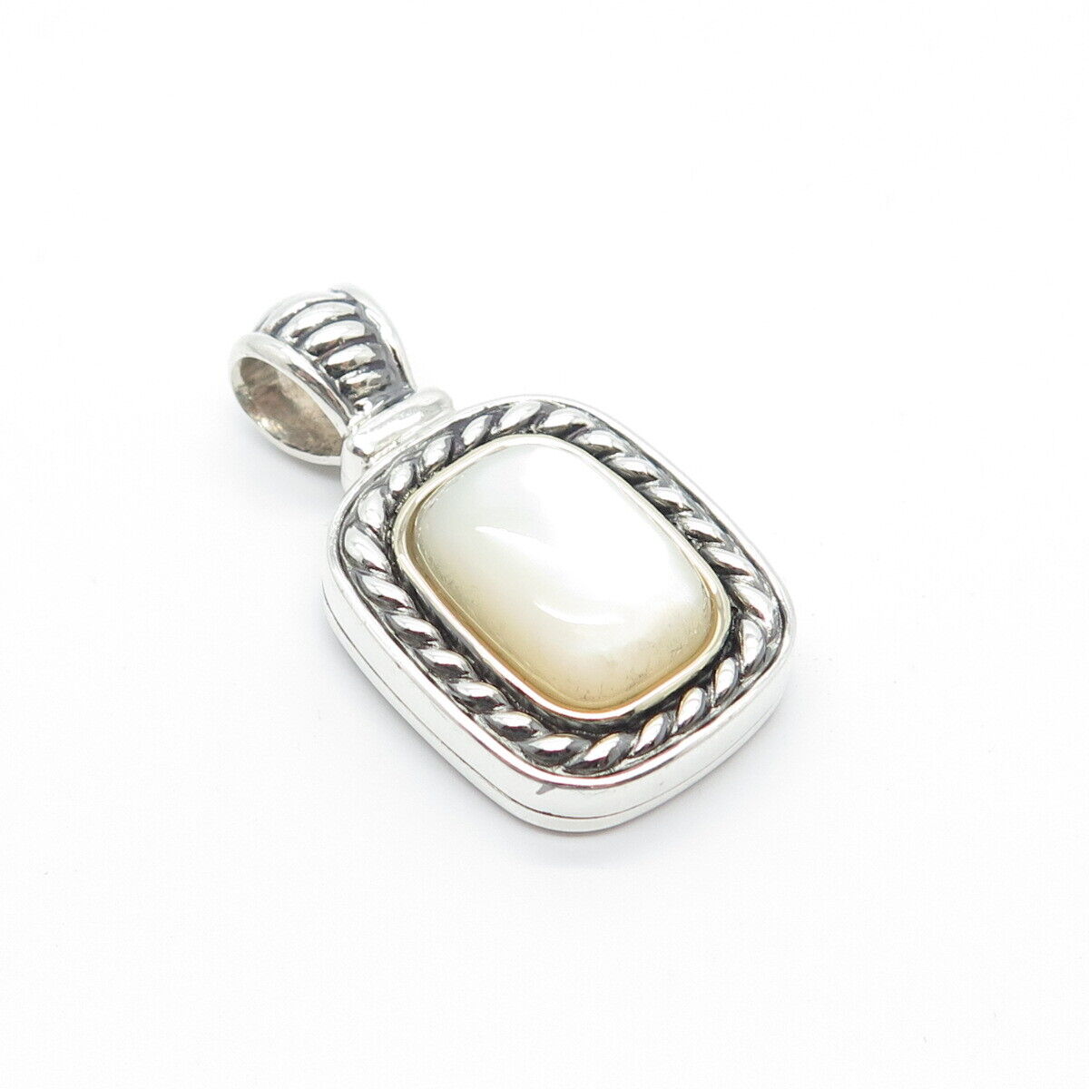 925 Sterling Silver / 14K Gold Vintage Real Mother-of-Pearl Rectangle Pendant