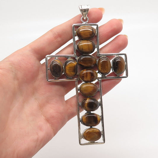 925 Sterling Silver Vintage Real Tiger Eye Gemstone Cross Pendant