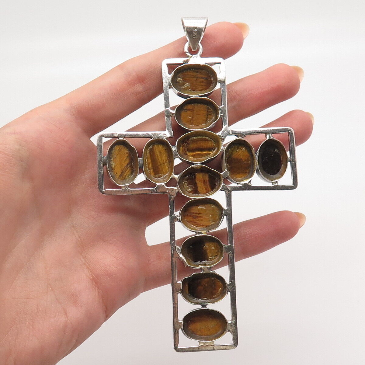 925 Sterling Silver Vintage Real Tiger Eye Gemstone Cross Pendant