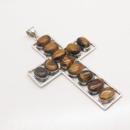 925 Sterling Silver Vintage Real Tiger Eye Gemstone Cross Pendant