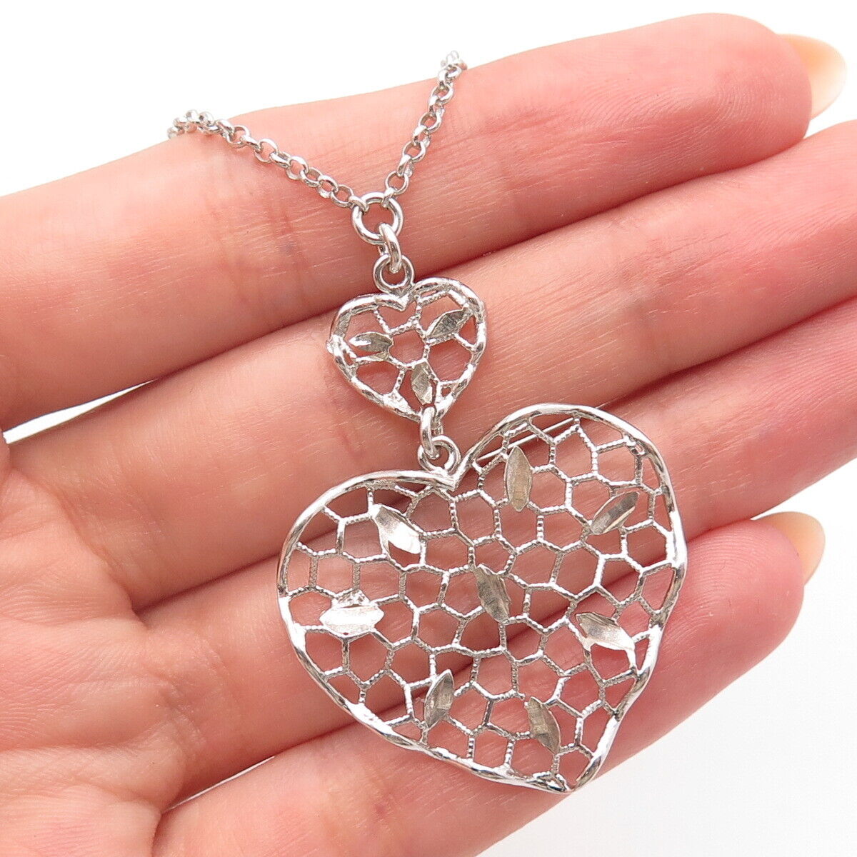 925 Sterling Silver Ornate Heart Rolo Chain Necklace 18"