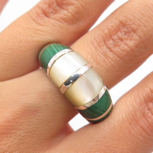 925 Sterling Silver Vintage Real Mother-of-Pearl & Malachite Gem Ring Size 7.75