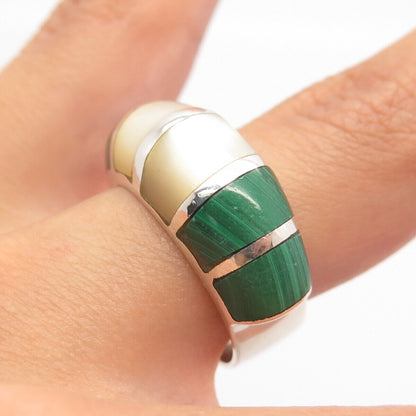 925 Sterling Silver Vintage Real Mother-of-Pearl & Malachite Gem Ring Size 7.75