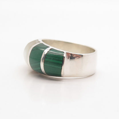 925 Sterling Silver Vintage Real Mother-of-Pearl & Malachite Gem Ring Size 7.75