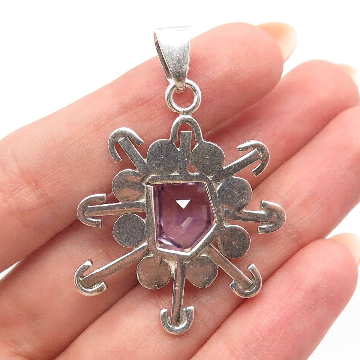 925 Sterling Silver Vintage Mexico Real Amethyst Gemstone Pendant