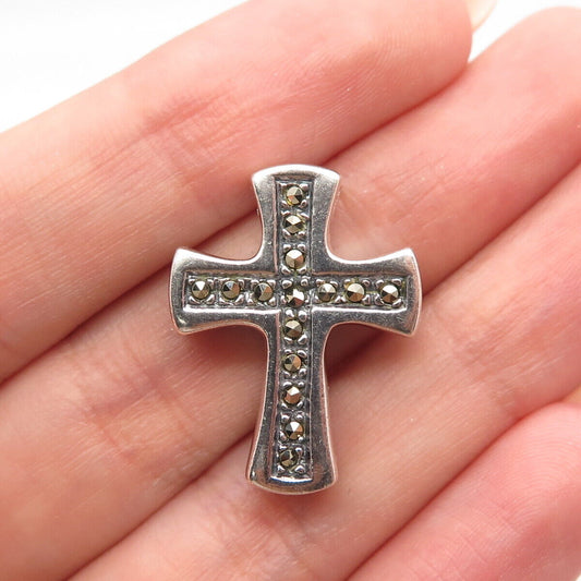 925 Sterling Silver Vintage Real Marcasite Gemstone Cross Slide Pendant