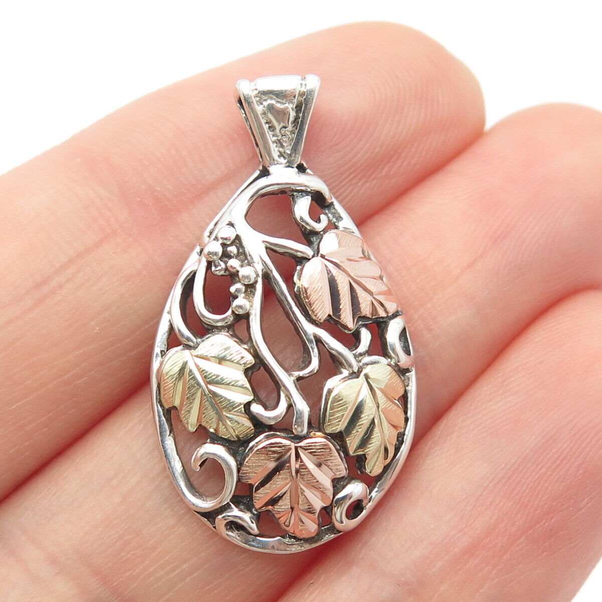 925 Sterling Silver / 12K Gold Vintage Grape Leaf Pendant