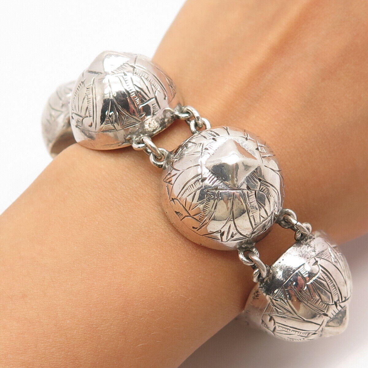 925 Sterling Silver Antique Ornate Ball Link Bracelet 7.5"