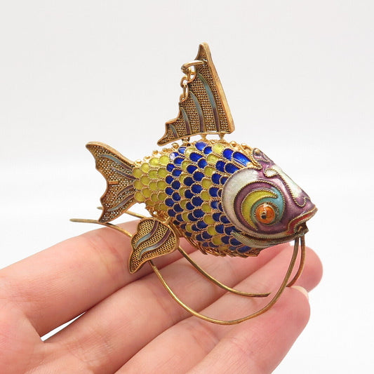 925 Sterling Silver Gold Plated Antique Enamel Chinese Koi Fish Articulated Fob