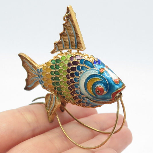 925 Sterling Silver Gold Plated Antique Enamel Articulated Chinese Koi Fish Fob