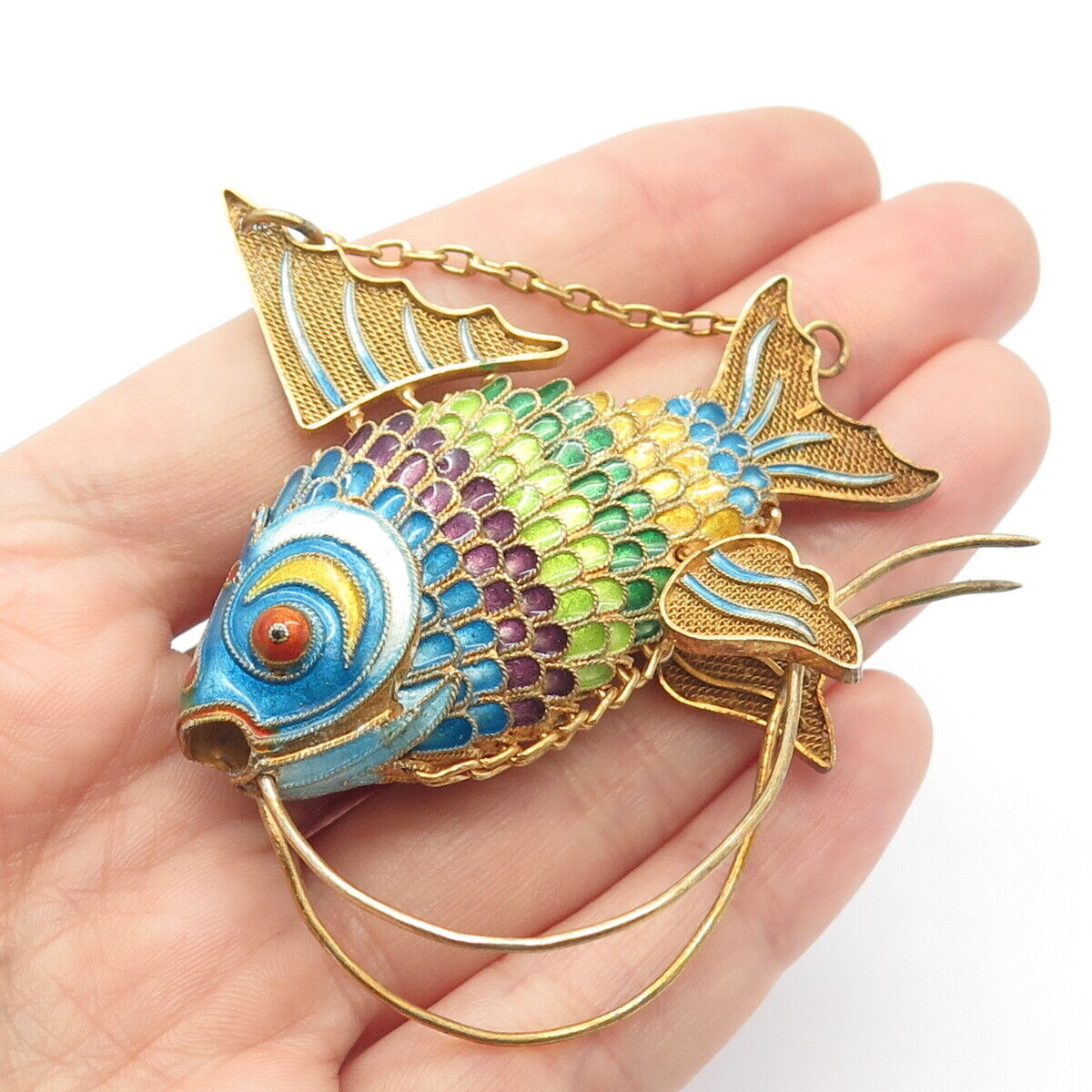 925 Sterling Silver Gold Plated Antique Enamel Articulated Chinese Koi Fish Fob