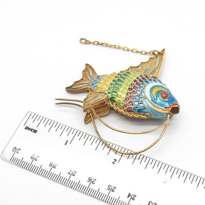 925 Sterling Silver Gold Plated Antique Enamel Articulated Chinese Koi Fish Fob