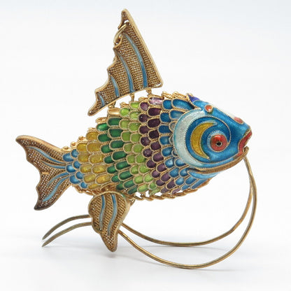 925 Sterling Silver Gold Plated Antique Enamel Articulated Chinese Koi Fish Fob