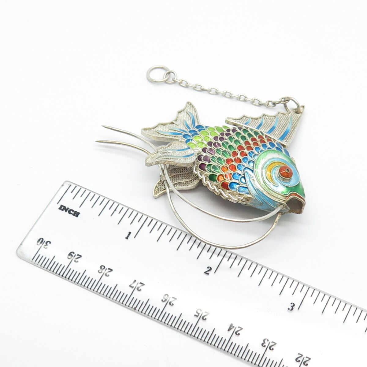 925 Sterling Silver Antique Enamel Chinese Koi Fish Articulated Fob / Pendant