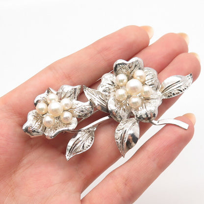 925 Sterling Silver Vintage Real Pearl Floral Leaf Pin Brooch