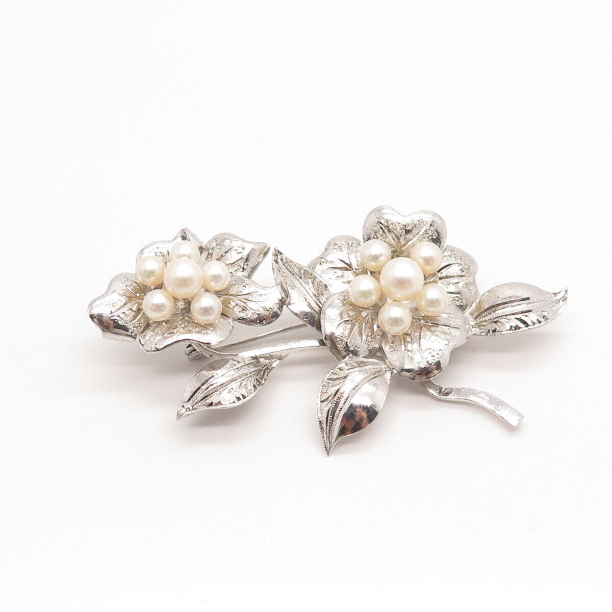 925 Sterling Silver Vintage Real Pearl Floral Leaf Pin Brooch